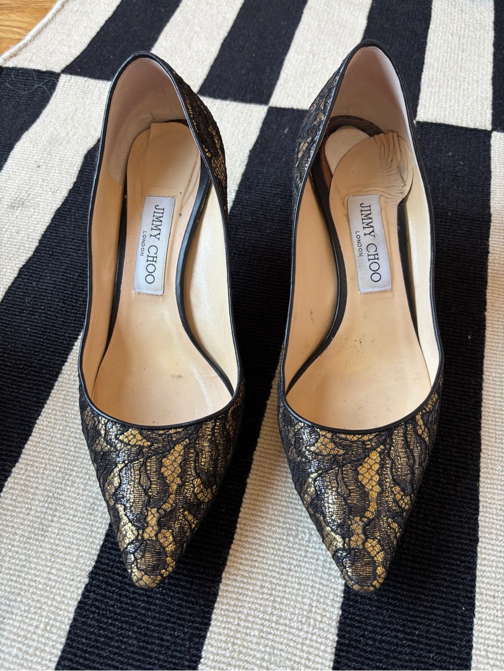 Jimmy Choo Black Lace over Gold Pointed Toe Pumps